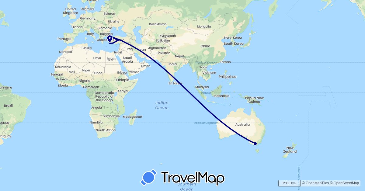 TravelMap itinerary: driving, plane in Australia, Turkey (Asia, Oceania)